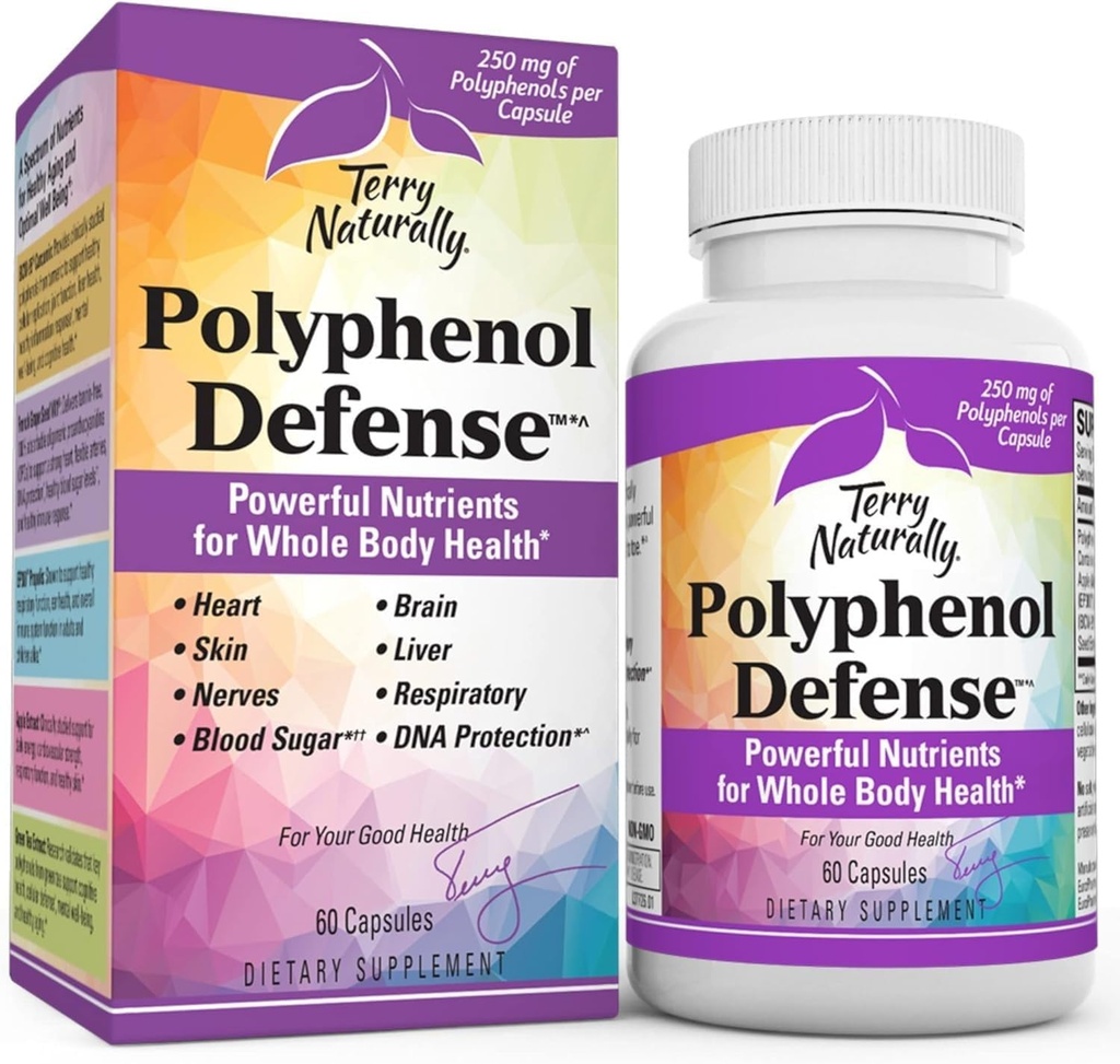 Terry Φυσικά Polyphenol Άμυνας - συμπλήρωμα για την υποστήριξη του εγκεφάλου, του ήπατος και των νεύρων υγεία - Αντιοξειδωτική πολυφαινόλη Blend για την υποστήριξη του αναπνευστικού συστήματος & της υγείας του δέρματος - ολόκληρου του σώματος Υποστήριξη για την υγεία - 60 κάψουλες