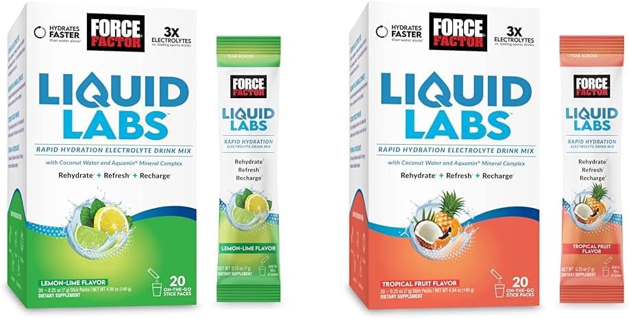 FORCE FACTOR Sıvı Laboratuarları Elektrolytes Toz, Hydration Packets to Make Electrolyte Water with Vitamins, Minerals ve Antioksis. Limon-Lime Flavor + Tropikal Meyve Flavor, 40 Stick Packs