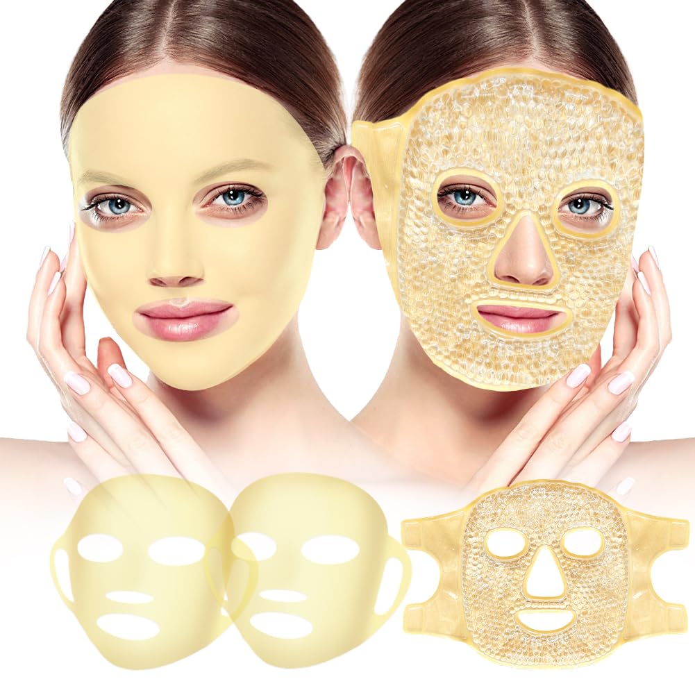 Face Ice Pack and 2 Packs Silicone Face Mask Cover, Full Facial Frozen Masks Hot Cold Face Compress Reusable Skin Care Set for Women for Puffiness Swelling Relief Beauty Spa Essentials