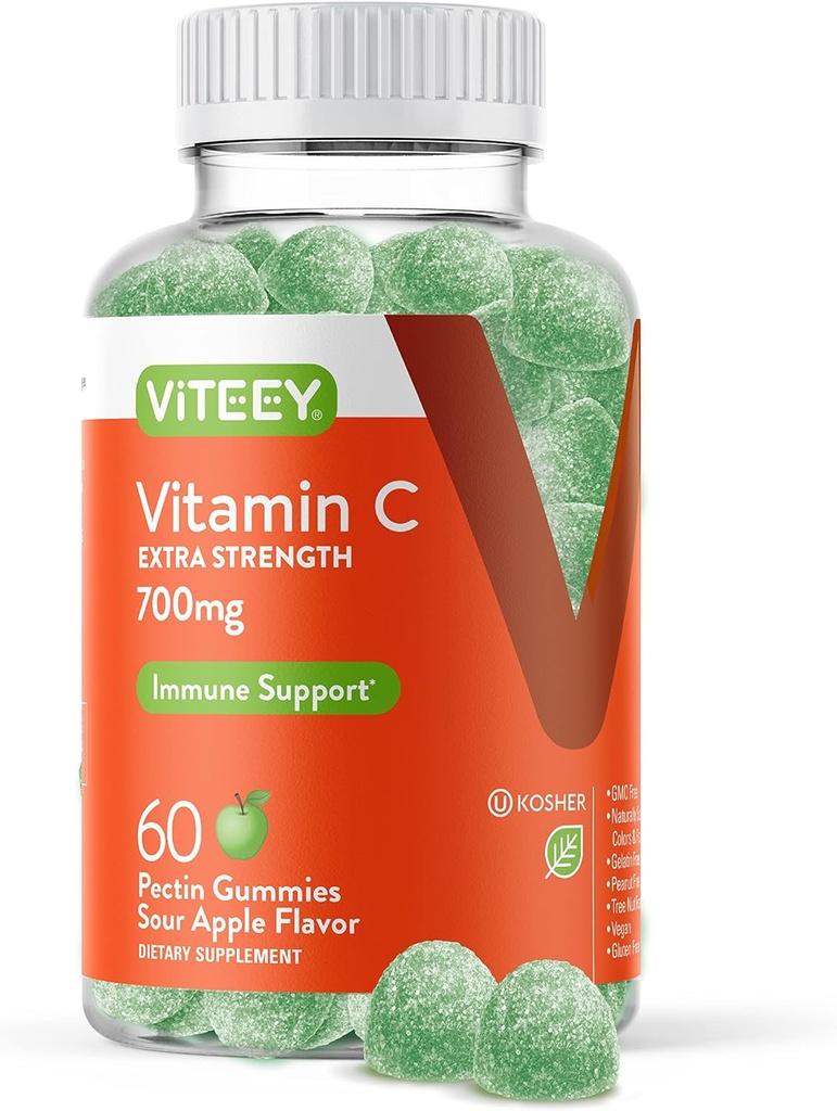 Yetişkinler için Viteey Chewable Vitamin C Gummies - 700 mg Ekstra Kuvvet Immune Support Supplement - Vegan, Gluten Free - 60 Count Count