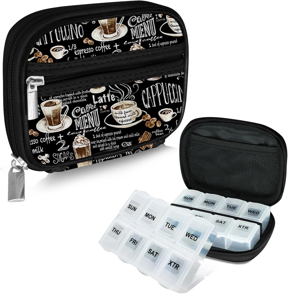 Serfeymi Weekly Travel Pill Organizer Pill Case for Purse with Removable 7 Day Pill Box, Fashionable Travel Medicine Organizer Pill Container for Medicine, Vitamin, Supplement - Black 02 + Pill Box