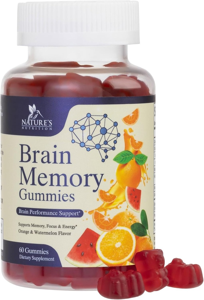 Brain Supplements Gummies for Memory, Focus, Concentration - Brain Gummy Vitamin Plus Nootropics, Phosphatidylserine, B6 & B12, Caffeine Free Nootropic, Clarity Support Supplement - 60 Gummies