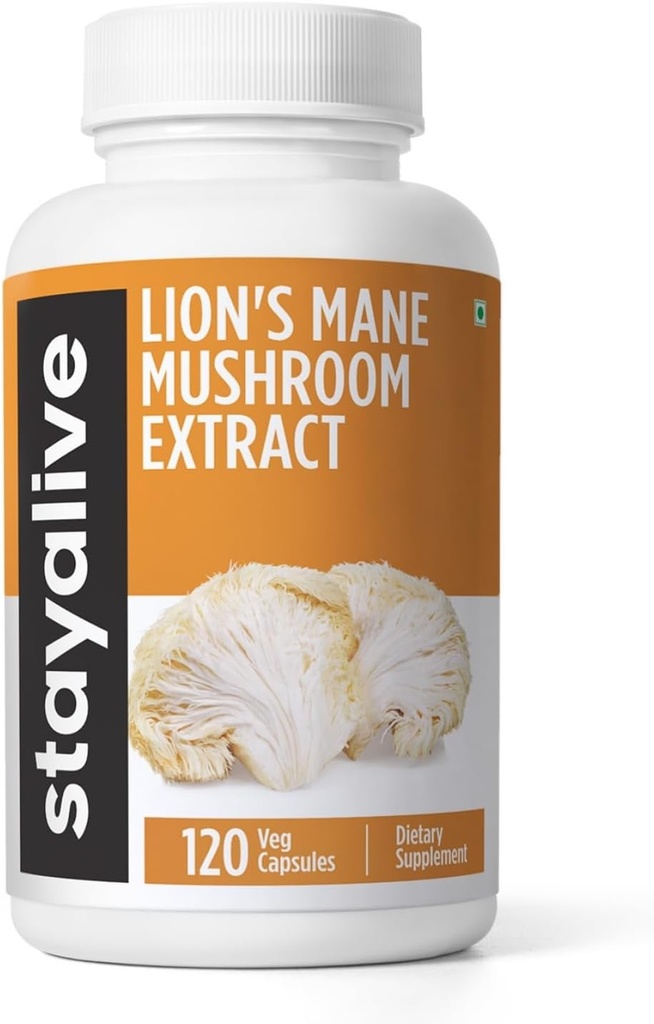 STAY ALIVE Lions Mane Supplement Capsules 1000 mg, 30:1 Ekstraksiyon w/Beta Glucans, 100% Meyve Vücut, Pure Lions Mane Toz for Men and Women, 120 Pills, Non-GMO & Gluten-Free Mushroom Supplement