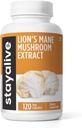 STAY ALIVE Lions Mane Συμπληρώματα κάψουλες 1000mg, 30:1 Extract w/Beta Glucans, 100% Fruiting Body, Pure Lions Mane Σκόνη για άνδρες και γυναίκες, 120 Χάπια, μη GMO & Gluten-free Mushroom Συμπλήρωμα
