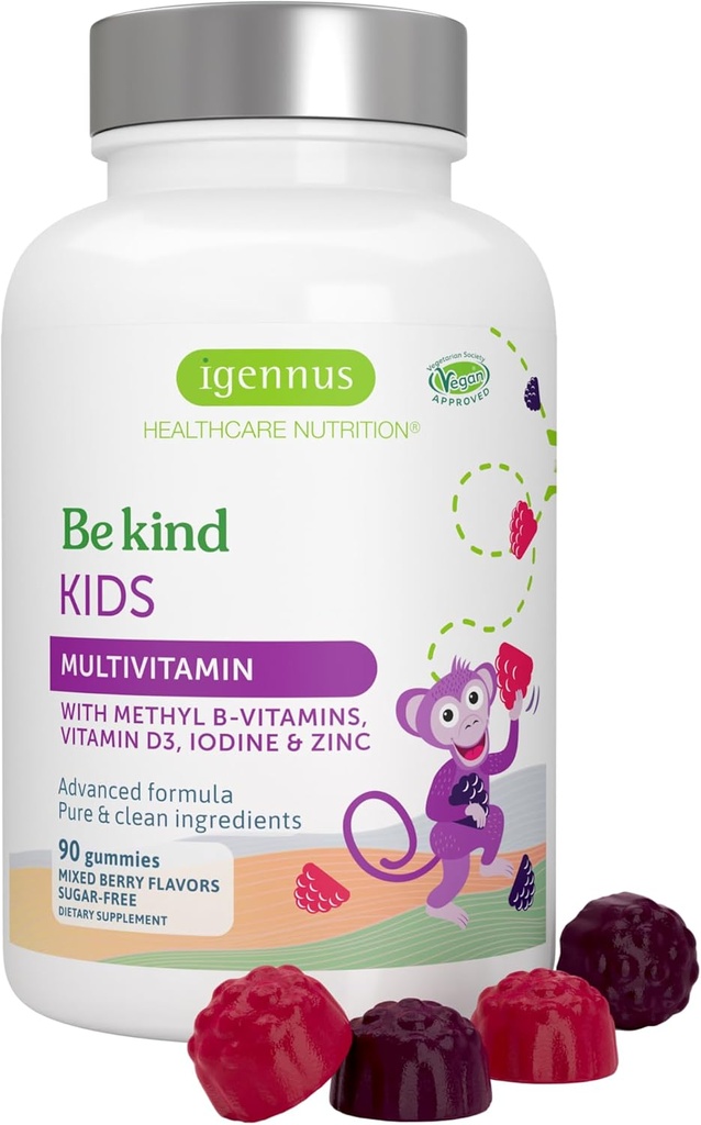 Igennus methylated Kids Multivitamin Gummy, MTHFR, No Artificial Sweeteners or Flavors, Sugar Free, Ηλικία 4+, 90 Natural Berry Flavor Gummies from Fruit Powder, Non-GMO, Halal, Clean Label