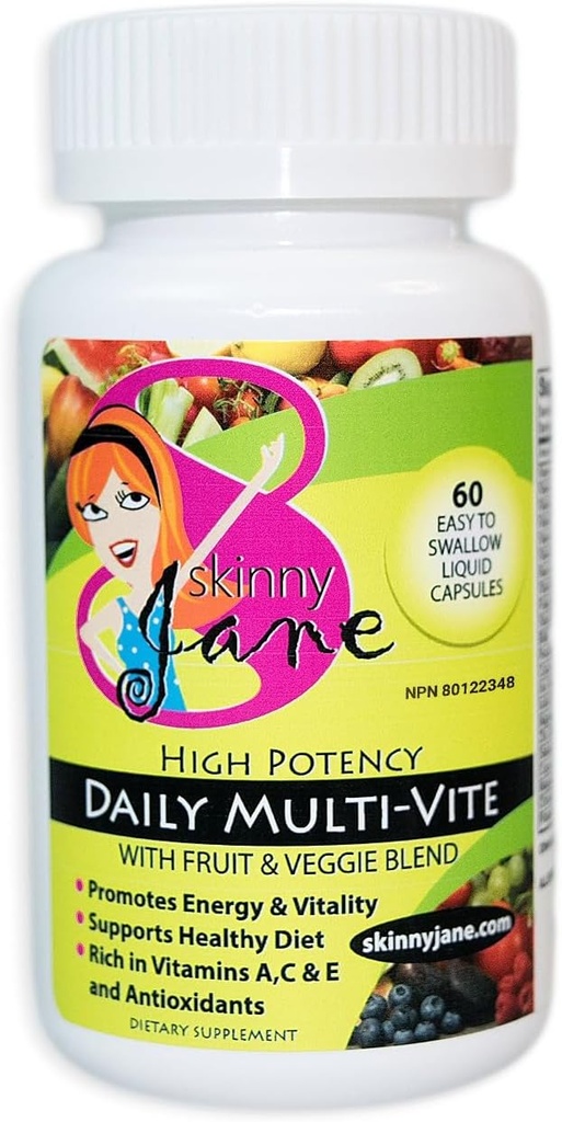 Skinny Jane Daily Multi Βιταμίνη για τις γυναίκες – Υποστηρίζει την ενέργεια, την ευεξία, και τα μαλλιά, το δέρμα, τα νύχια – Μοναδικό Φρούτο και Veggie Blend – 60 εύκολο να καταπιούν υγρά κάψουλες