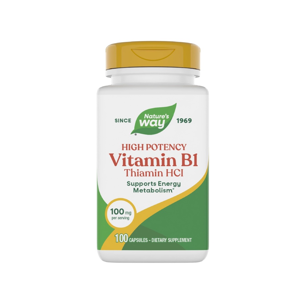 Nature's Way Vitamin B1, High Potency, 100 mg Thiamin per Service, Thiamin HCl, Supports Energy Metabolism*, Gluten Free, 100 Capsules (Package May Vary)