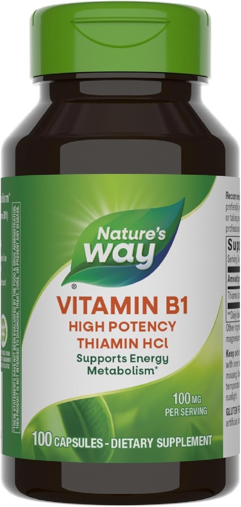 Nature's Way Vitamin B1, High Potency, 100 mg Thiamin per Service, Thiamin HCl, Supports Energy Metabolism*, Gluten Free, 100 Capsules (Package May Vary)