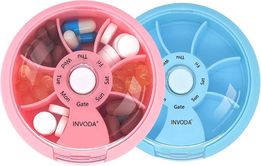 INVODA Weekly Pill Organizer 7 Karşılaştırmalı Günlük İlaçlar ve Vitaminler için Pill Box - Portatif Seyahat Pill Case Fish Oil Supplements Vitamins Organizer (Pink + Blue)