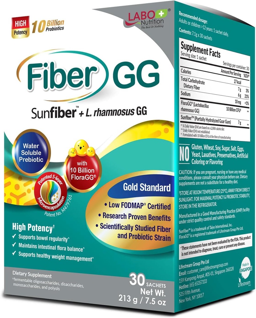 LABO Beslenme FiberG, Lactobacillus Rhamnosus GG 10 Milyar CFU Active Probiyotik ve 7g Sunfiber Prebiyotik Fiber Supplement, Immune Health, Gluten Free, 30 Sachets