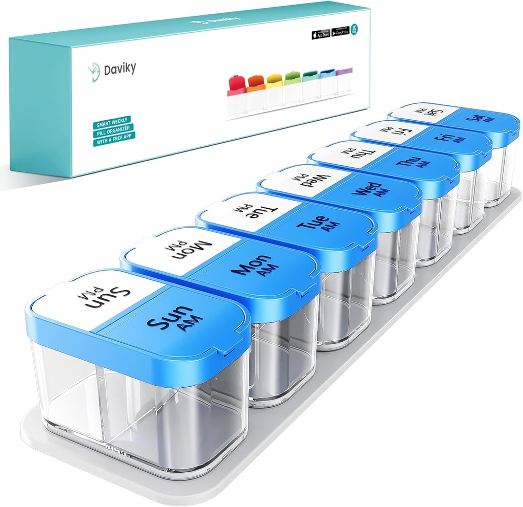 Daviky Large Pill Organizer 2 Times a Day - XL Pill Box 7 Gün, Büyük Vitaminler 7 Detachable AM/PM Karşılaştırmalar, Haftalık veya Günlük Kullanım için Big Supplement Konteyner (Mavi)