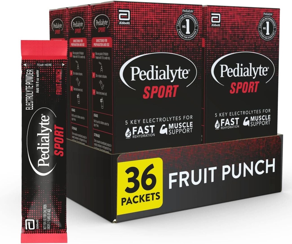 Pedialyte Sport Ηλεκτρολυτική σκόνη, γρήγορη ενυδάτωση με 5 βασικούς ηλεκτρολύτες για την υποστήριξη μυών πριν, κατά τη διάρκεια, & μετά την άσκηση, Punch φρούτων, 0.49 Oz Sachets 6 Count (Pack of 6)