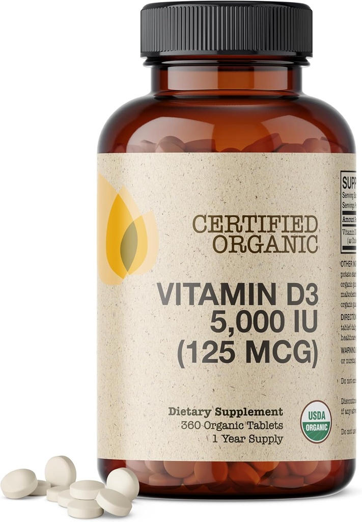 Futurebiyotikler D3 5.000 IU (125 MCG), USDA sertifikalı Organik Vitamin D Supplement, 360 Tabletler