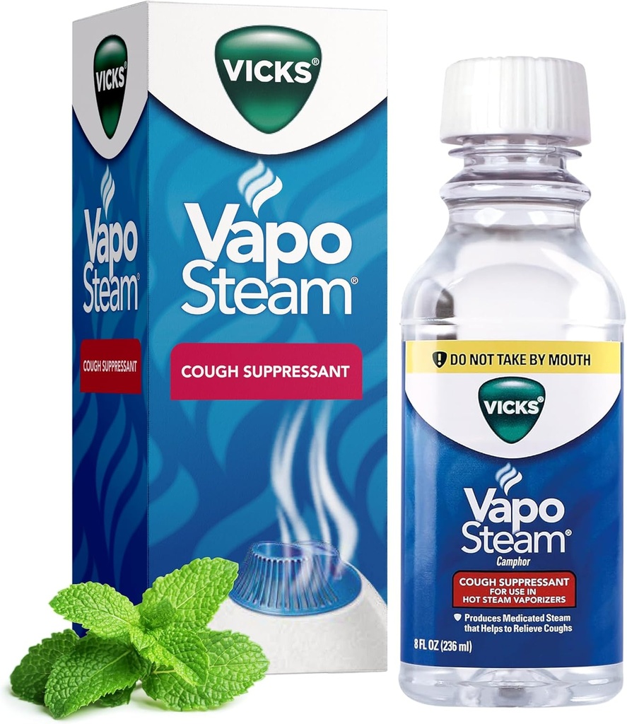 Vicks VapoSteam Medicated Liquid with Camphor, a Cough Suppressant, Helps Relief Coughing, for Use in Vicks Vaporizers and Humidifiers, 8 Oz