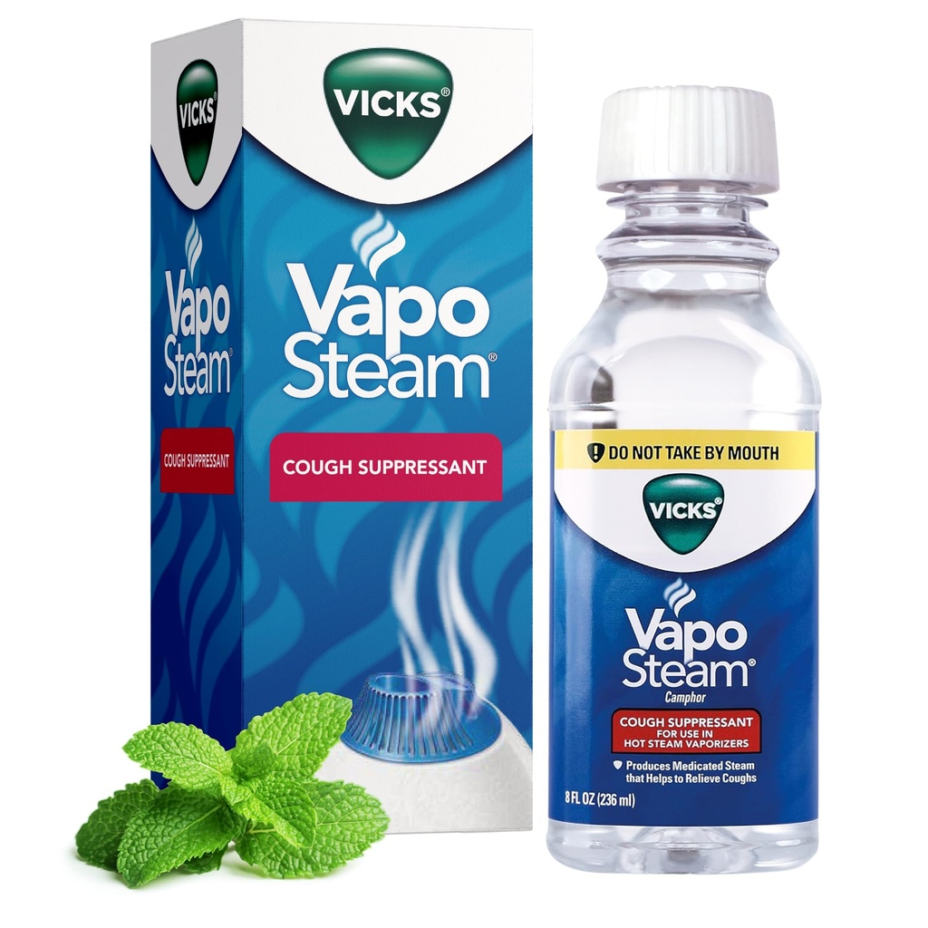 Vicks VapoSteam Medicated Liquid with Camphor, a Cough Suppressant, Helps Relieve Coughing, for Use in Vicks Vaporizers and Humids, 8 Oz Oz Oz