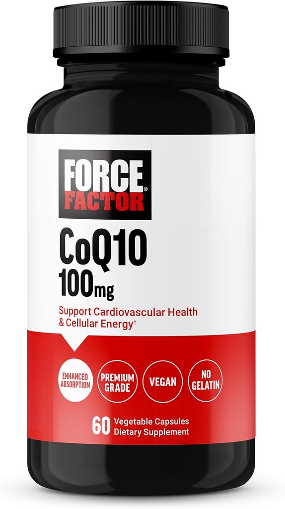 FORCE FACTOR CoQ10 100 mg, Coenzyme Q10 Kalp Sağlığı Tamamlanmış Absorpsiyon, Premium Grade Coq 10, Vegan, Süt Free, Gluten Free ve Non-GMO, 60 Sebze Kapsülleri