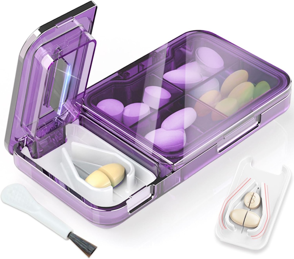 Pill XS Küçük veya Tiny Pills için Splitter. 2-in-1 Travel Pill Box & Pill Splitter - Büyük Kapasite 4 Karşılaştırma Pill Organizer - Detachable Nonslip V-Shaped Pad.