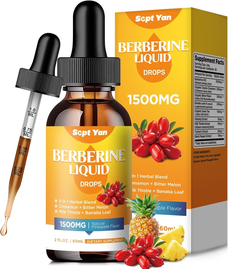 Berberine Supplement Liquid Drops- Berberine 1500mg with Ceylon Cinnamon, Bitter Melon, Banaba Leaf, Turmeric for Immune, Digestion System, Heart Support, Natural Pineapple Flavor, 2 Fl Oz