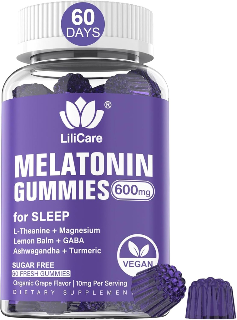 Melatonin Gummies 10 mg 20mg for Yetişkinler, Ekstra Kuvvet L-Theanine, Ashwagandha, Magnezyum, Turmeric, GABA, Lemon Balm ve Chamomile for Supports Health Circadian Rhythm, Vegan Grape Flavor