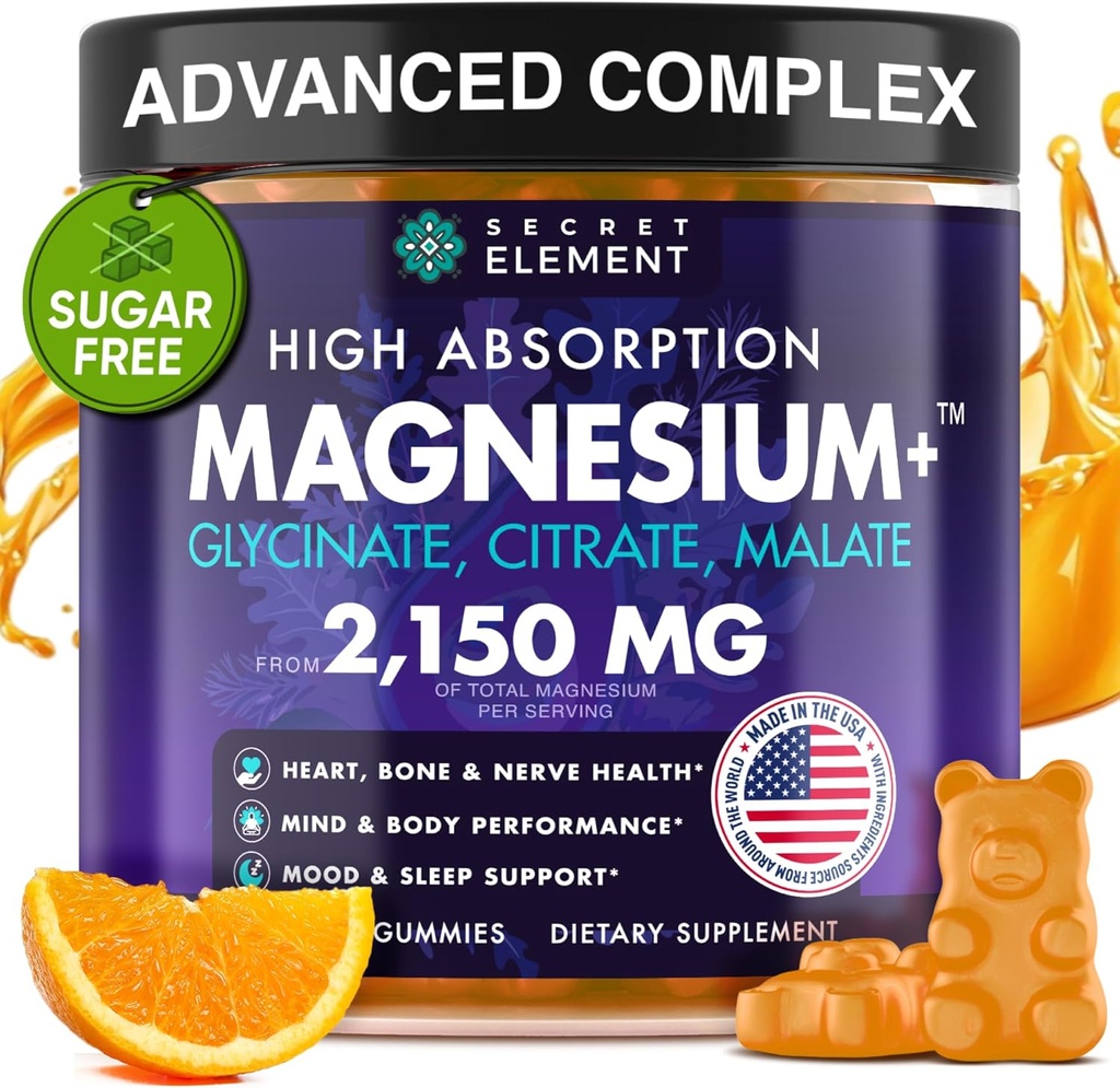 Magnezyum Glycinate 2150MG Kadınlar ve Erkekler için Gummies, High Abors Magnezyum Glycinate, Citrate, Malate Gummies for Yetişkinler & Kids, Sleep Support, Sugar Free, Vegan, 60 Chews, Orange