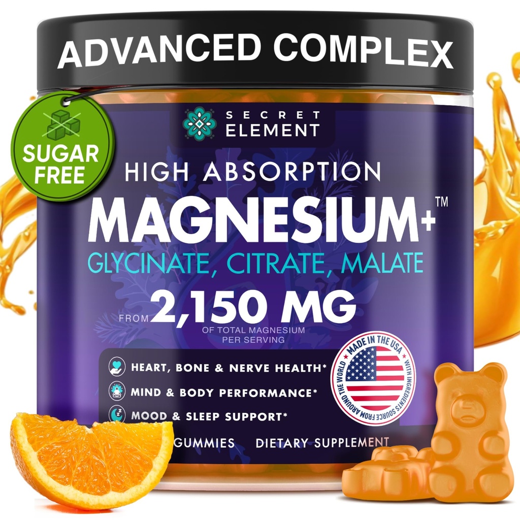 Magnezyum Glycinate 2150MG Kadınlar ve Erkekler için Gummies, High Abors Magnezyum Glycinate, Citrate, Malate Gummies for Yetişkinler & Kids, Sleep Support, Sugar Free, Vegan, 60 Chews, Orange