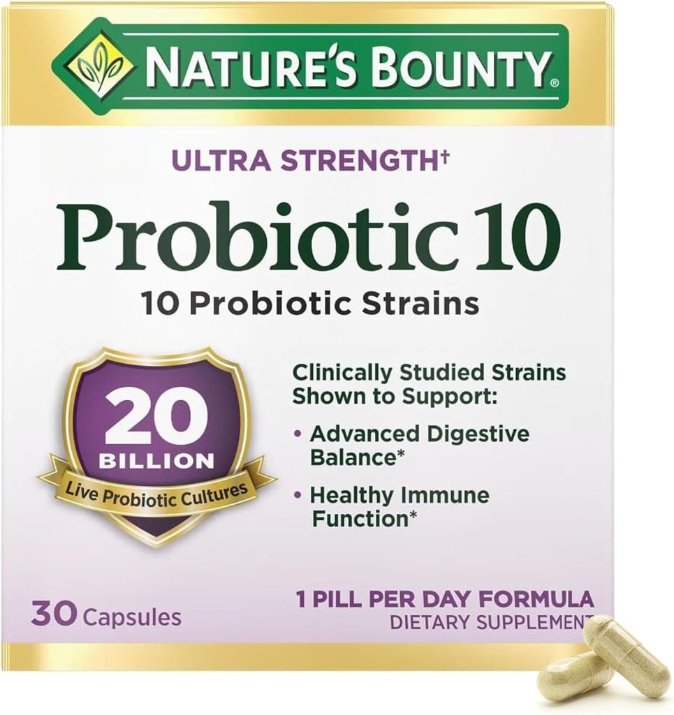 Nature's Bounty Probiyotik 10 Günlük Probiyotik Supplement for Digestive, Immune, and Upper Respiratory Support, Ultra Strength, 30 Capsules 1 Pack