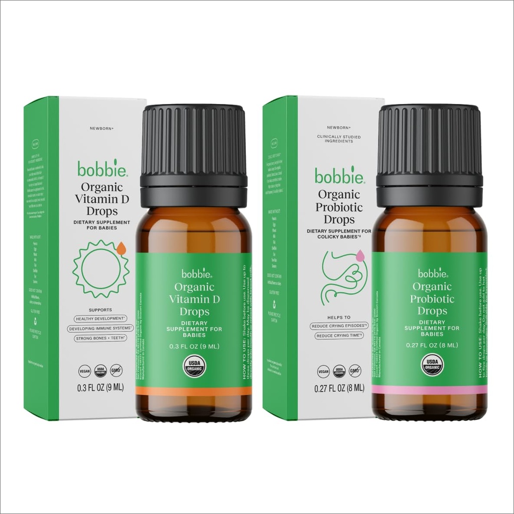 Bobbi Organic Baby Vitamin D και Probiotic Drops Bundle, Daily Liquid Supplements for Immune, Teeth, Bone and Digestive Health Support in Νεογέννητα Μωρά και Βρέφη, Vegan, Infant-Friendly Formula