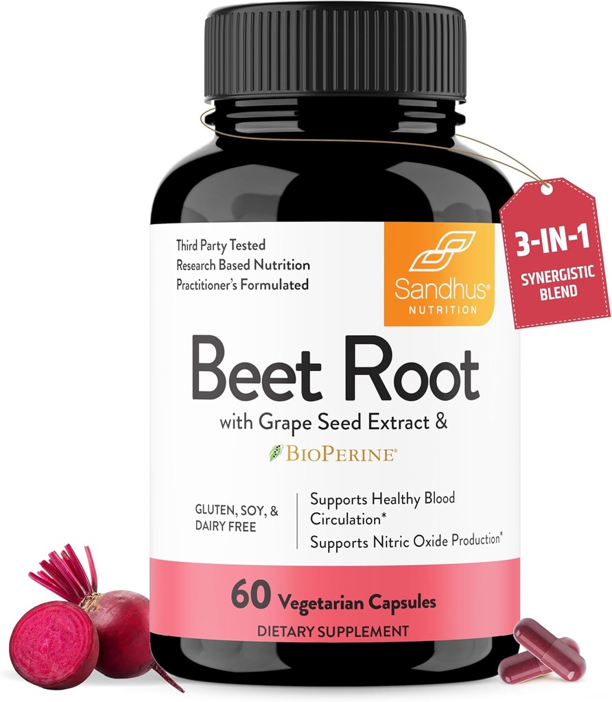 Sandhu'nun Arıt Köklü Toz Kapsülleri Bioperine / Beetroot with Black Pepper & Grape Seed Extract| 60 Capsules, 30 Days Supply| Made in the USA