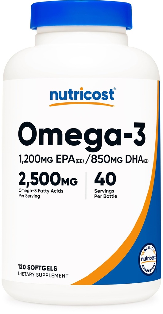 Nutricost Omega 3 Fish Oil - 2500MG, 120 Softgels (40 Serv) - Fish Oil, Wild Caught! 1200 mg EPA 850 mg DHA - Non-GMO, Gluten Free