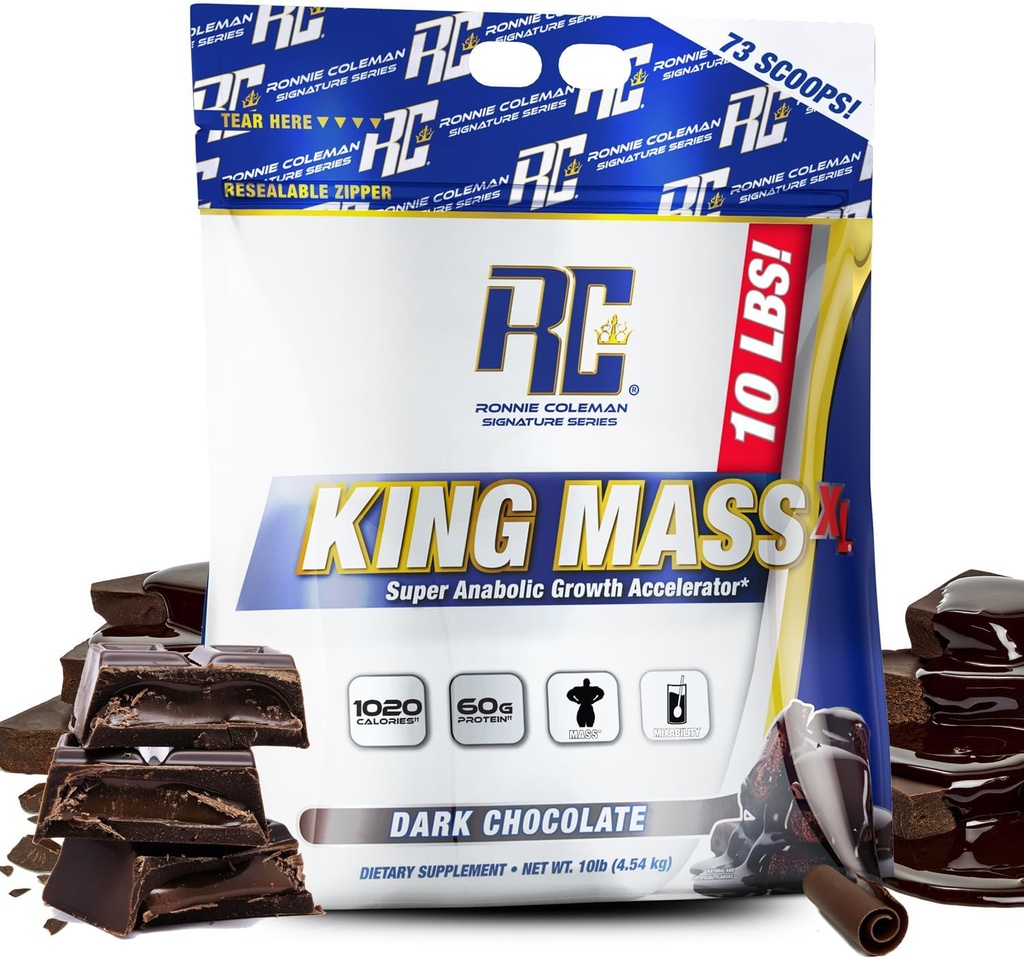 Ronnie Coleman Signature Series King Mass XL Mass Gainer Protein Powder – Dark Chocolate Weight Gainer with 60g Protein, 180g Carbohydrates, 1,000+ Calories, Creatine & Glutamine – 10 Pound