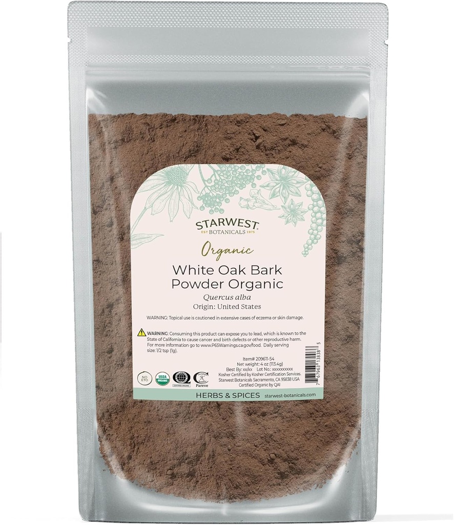 Starwest Botanicals White Oak Bark Toz Organik - Tea & Natural Herbal Mixs, Pure Quercus Alba, Sertifikalı Kosher, Non-GMO - 4 oz Pouch