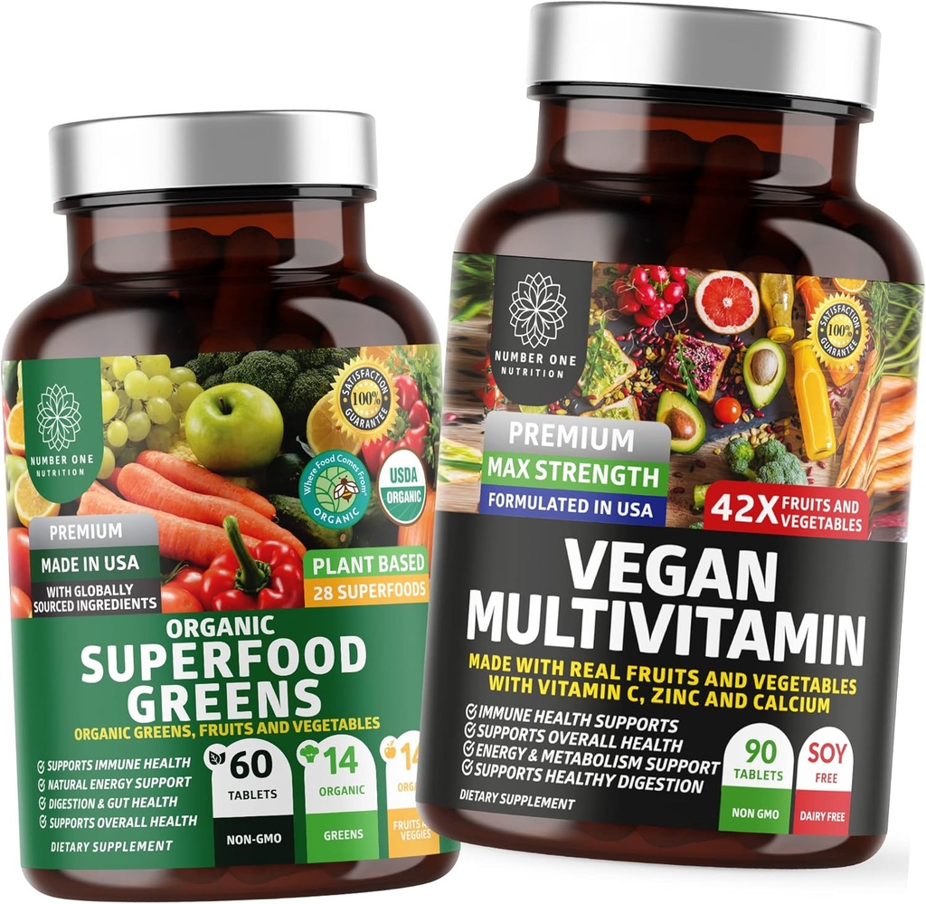 Bir Beslenme N1N Premium Plant-Based Multivitamin [86 Güçlü Malzemeler] ve Organik Superfood Yeşiller [28 Güçlü Malzemeler Malzemeler Malzemeler Malzemeler], Gut Health ve Genel Wellness'ı desteklemek için, 2 Pack Sche Sche Sche