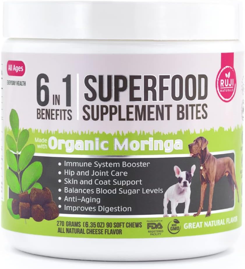 1 Superfood Dog Supplement ile Organik Moringa | Immune System ve Genel Sağlık | Evcil hayvanlar Tüm Doğal Multivitaminler - 90 Chews
