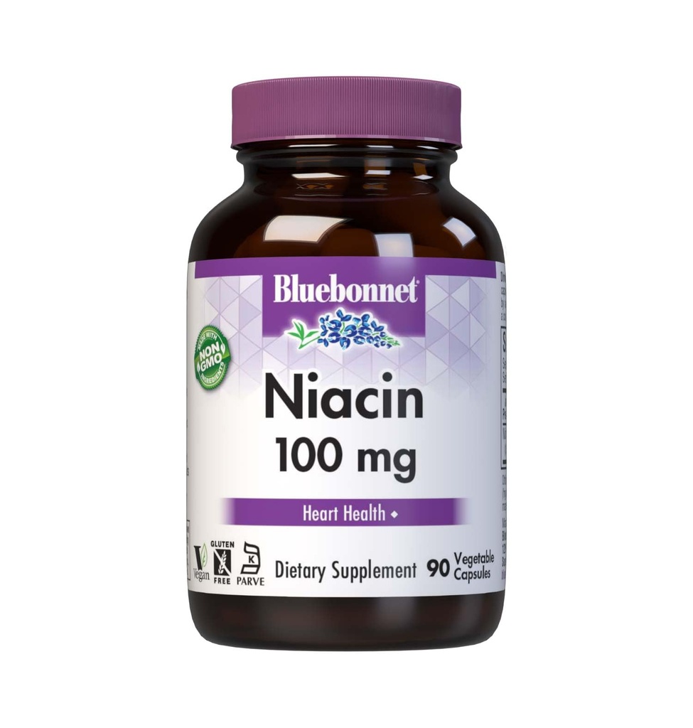 Bluebonnet Niacin 100 mg B3 Nicotinic Acid - Kadın ve Erkekler için Kalp Sağlığı Desteği* - Non-GMO, Vegan, Kosher, Gluten-Free, Soy-Free, Dairy-Free Flush Niacin Supplement - 90 Sebze Kapsülleri