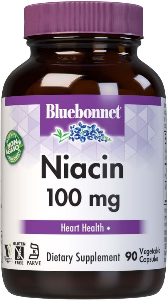 Bluebonnet Niacin 100 mg B3 Nicotinic Acid - Kadın ve Erkekler için Kalp Sağlığı Desteği* - Non-GMO, Vegan, Kosher, Gluten-Free, Soy-Free, Dairy-Free Flush Niacin Supplement - 90 Sebze Kapsülleri