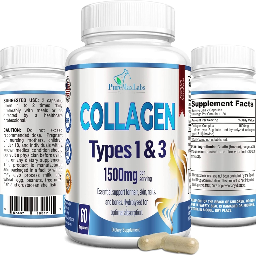 Collagen Tipleri I & III - Collagen Pills, Sağlıklı Saç, Skin, Nails, Ortaklar - Hydrolyzed Collagen Supplement, 60 Capsules