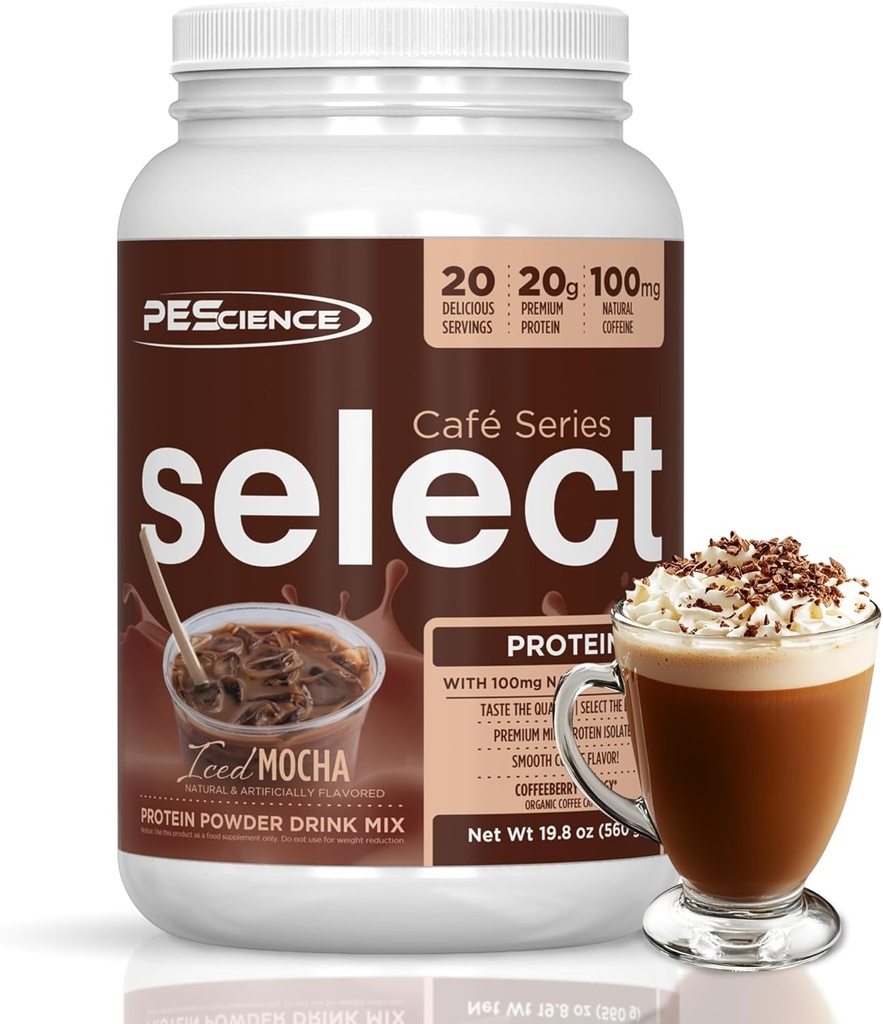 PE Science Select Cafe protein Coffee Flavored Toz, Iced Mocha, 100 mg Caffeine, 20g Buzlu Protein Kahve Tozu veya Kremer, 20 Hizmetler