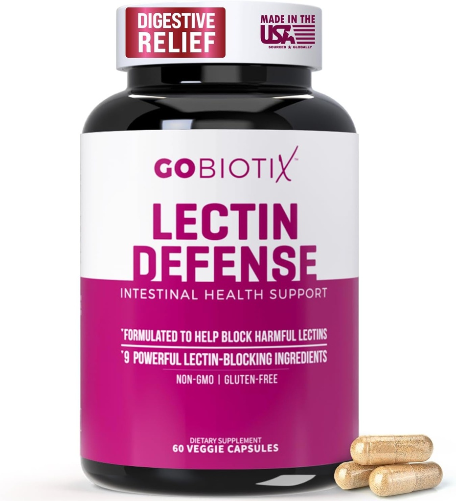 GOBIOTIX Lectin Defense - Lectin Blocker Supplement for Leaky Gut with MSM and Digestive Enzymes - For Intestinal Health for Women and Men - Non-GMO + Gluten Free - 60 Capsules (1)