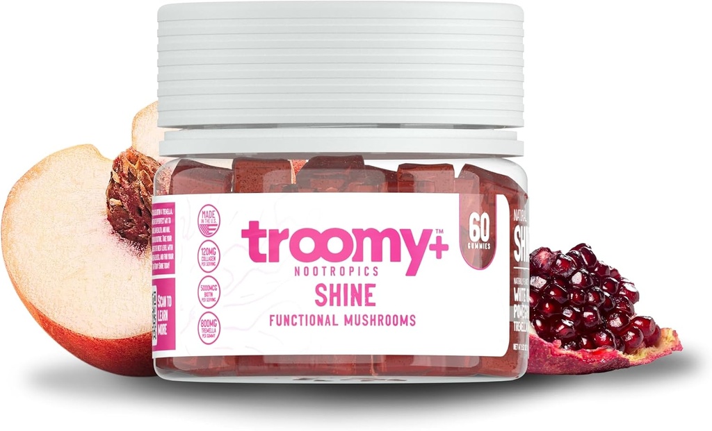 Troomy All Natural Beauty Shine Tremella Mushroom Gummies – Περιέχει βιοτίνη και κολλαγόνο που υποστηρίζει τα μαλλιά, το δέρμα, και την ανάπτυξη των νυχιών – Great Tasting Ρόδι Λευκό Ροδάκινο Γεύση – 60 Count