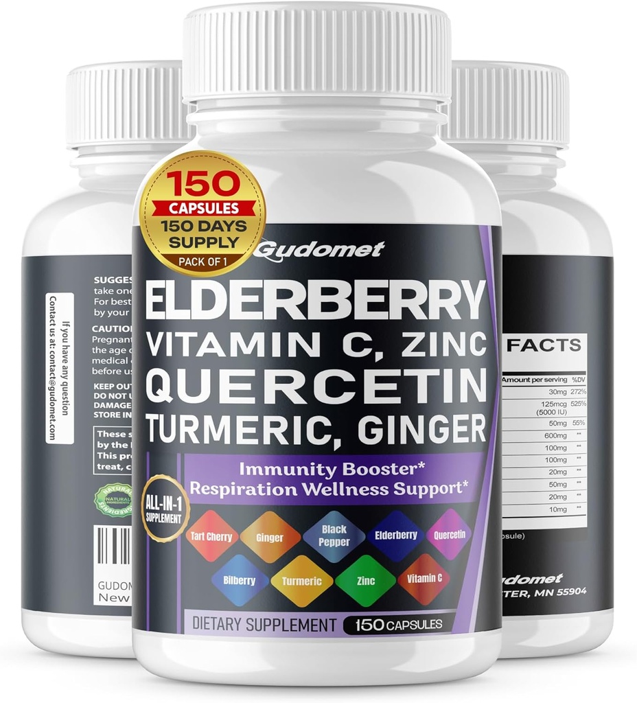 Elder Quercetin Bilberry Turmeric Tart Cherry Ginger Vitamin C Vitamin D3 çinko Black Pepper -150 Capsules- Made in USA