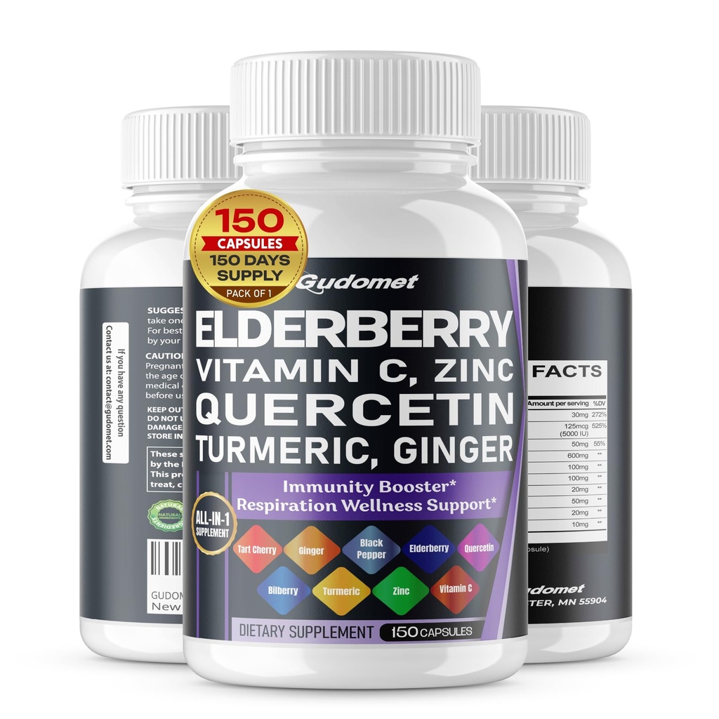 Elder Quercetin Bilberry Turmeric Tart Cherry Ginger Vitamin C Vitamin D3 çinko Black Pepper -150 Capsules- Made in USA