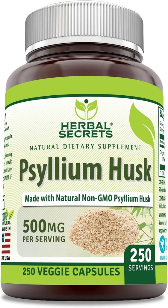 Herbal Sırları Psyllium Husk Supplement | 500 Mg | 250 Veggie Capsules | Non-GMO | Gluten Free | Made in USA