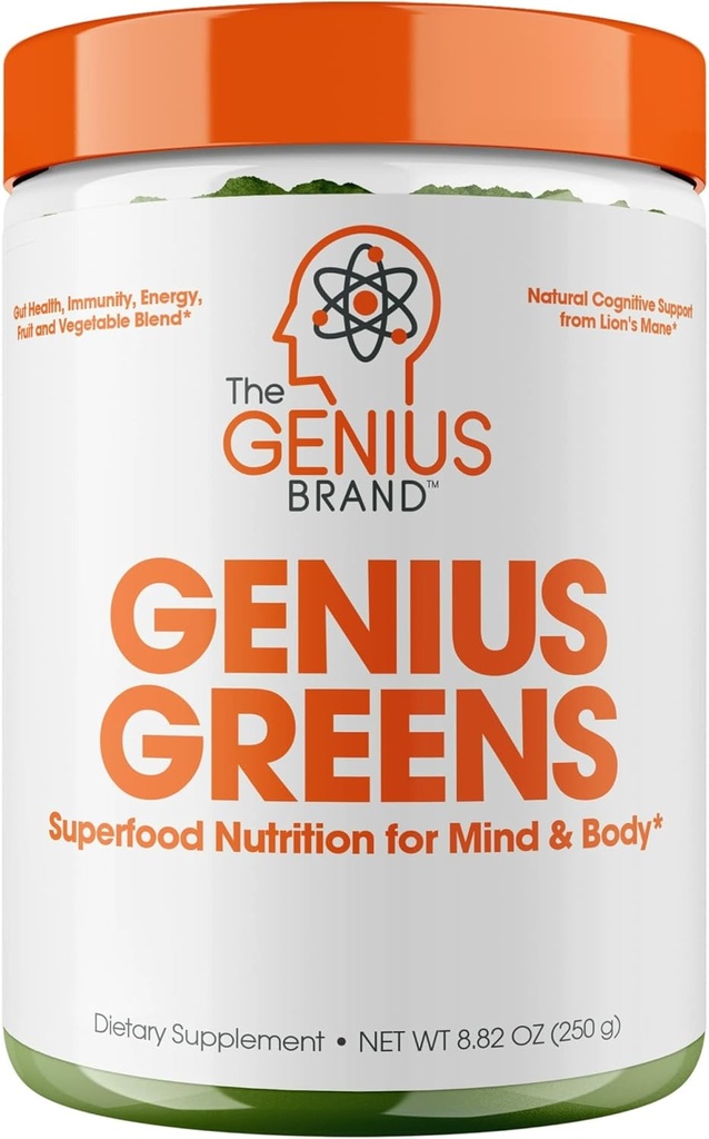 Genius Brand Genius Greens - Sağlıklı Zihin ve Immunity Desteği için Yeşiller - Organik Sebze Sebzeler, Blueberries & Lion's Mane - Keyif İçilir - Keyifli Tadı - 20 Hizmet
