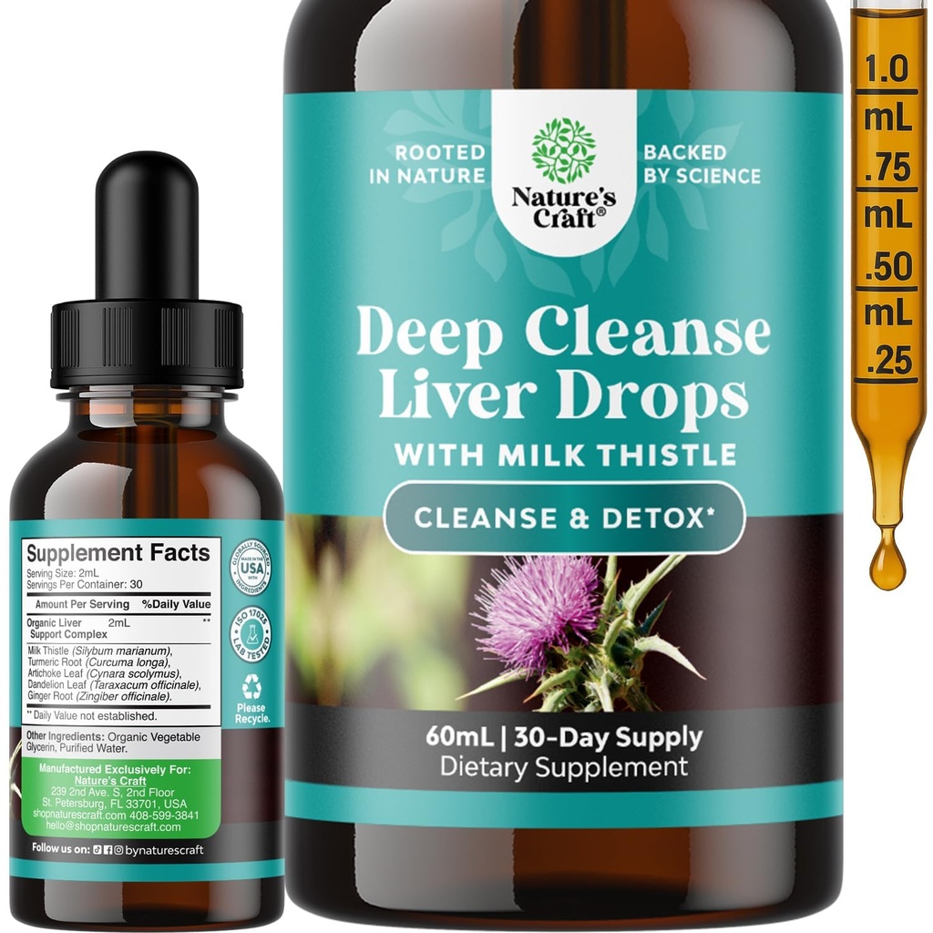 Deep Liver Cleanse, Detox & Repair with Milk Thistle Liquid Drops - Dandelion Leaf ile Liver Detox Taslağı, Ginger & Turmeric Curcumin for Immunity & Daily Cleanse - 2Fl OZ