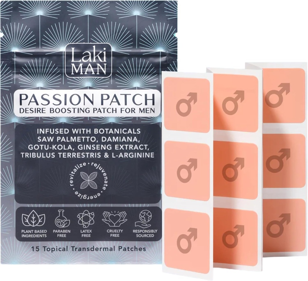 Laki Naturals Πάθος Patch για τους άνδρες (πακέτο των 15) – Υποστηρίζει την κυκλοφορία, τη ζωντάνια, τη ζωντάνια και την ενέργεια με φυσικά συστατικά – Μη-Habit Forming, Time-Eleased Ανδρική ευεξία Patches
