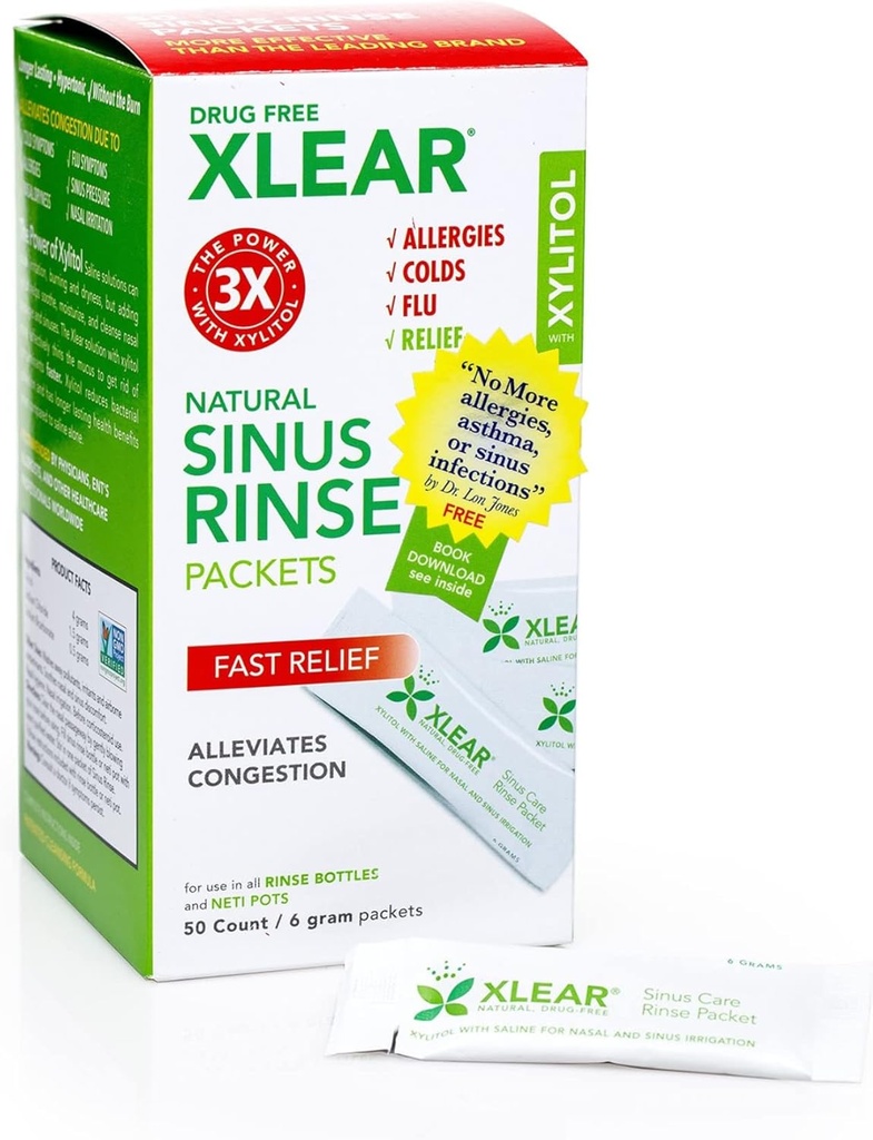 Xlear Natural Xylitol Sinus Rinse Refill, Neti Pot Saline Packets - Hızlı Baskı ve Kısıtlama Yardımı için Temizlenme, Çoğu Nasal Irrigation Systems ile Çalışın, 50 Kont (Polonya Sayısı)