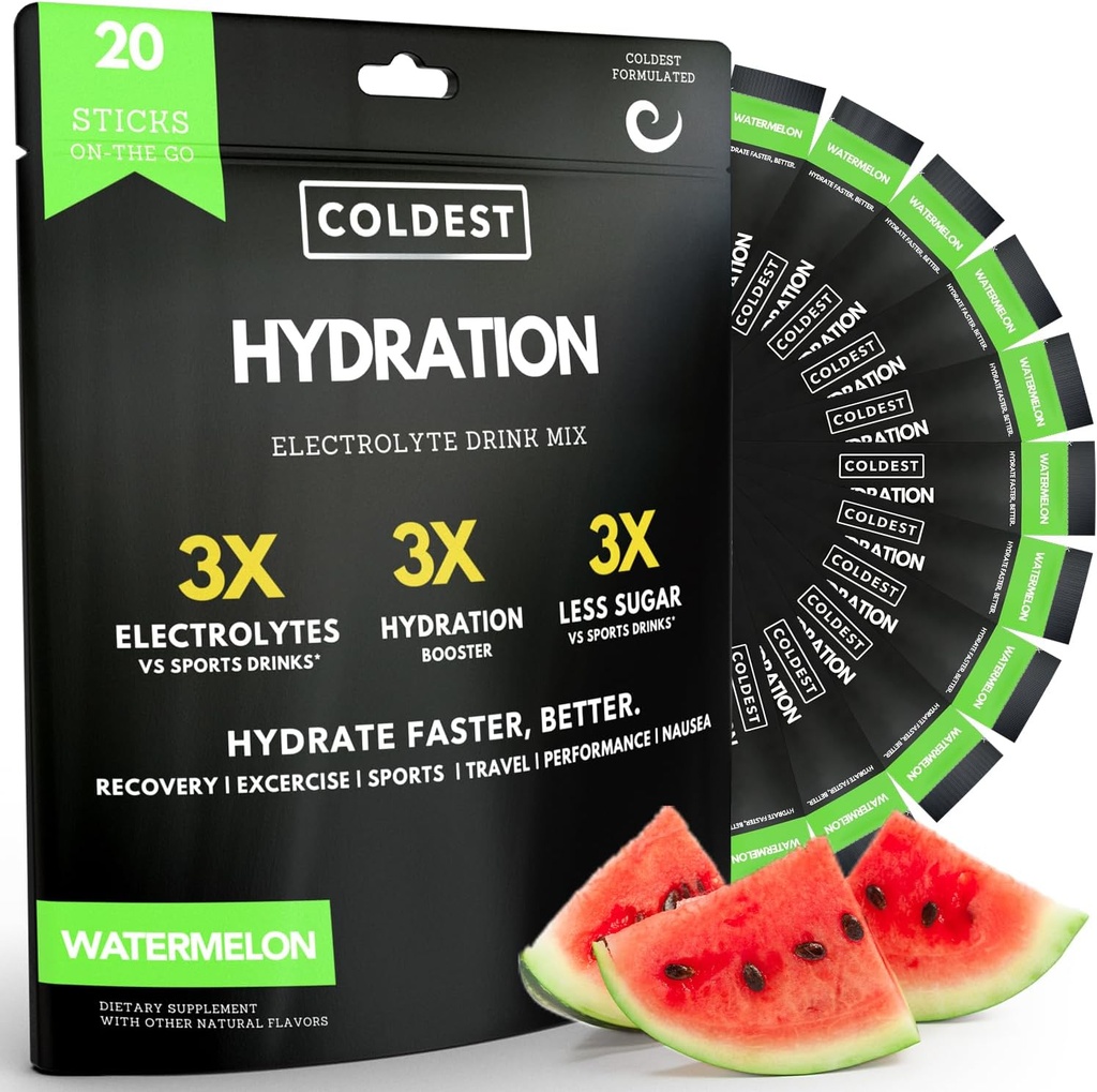 Coldest Hydration - Electrolytes Toz Paketleri - GMO & No Yapay Şeker - Elektrolyte İçecek Mix - Easy Open Single-Serving Stick Drop in Water - 20 Sticks per Pack (Watermelon)