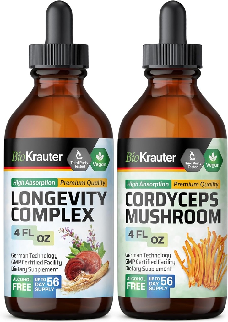 BIO KRAUTER Longevity Mushroom Βάμμα 4 Fl. Oz. & Cordyceps Mushroom Tincture 4 Fl. Oz.