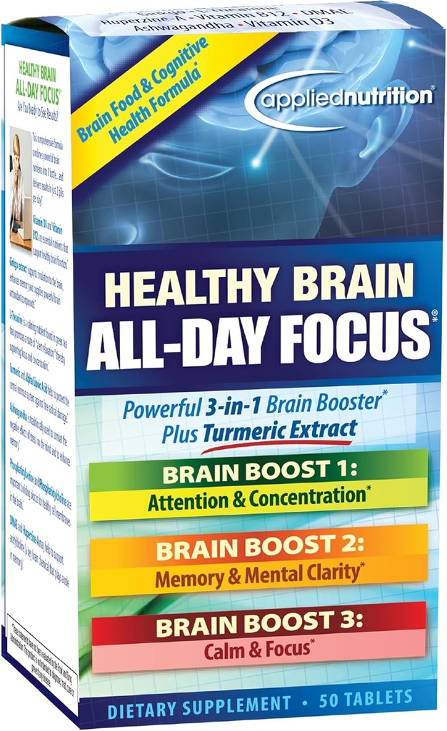 Uygulamalı Beslenme Sağlıklı Beyin All-Day Focus - 50 Tabletler - Turmeric Extract ile Güçlü 3in-1 Beyin ATM - 25 Hizmet
