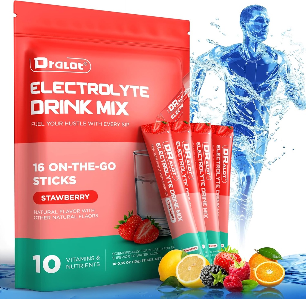 Şeker Free Electrolytes Toz Doğal Flavors, 3X Hızlı Hydration Packets with 10 Electrolyte & Vitamins, Liquid Daily IV, Non-GMO, Gluten-Free, DW, Vegan, 16 Sticks, Strawberry